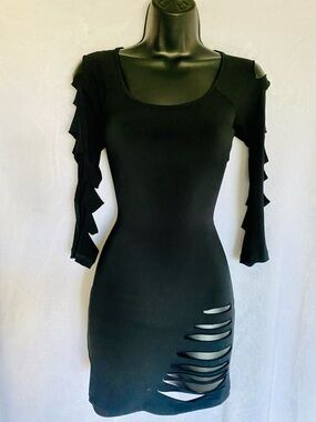 Black Cutout Bodycon Dress with Ruffle Sleeve Detail